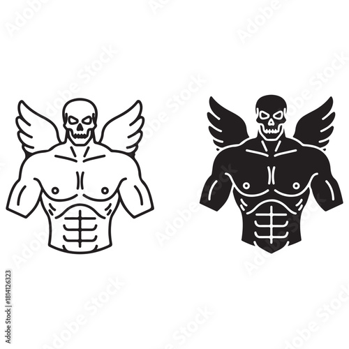 Muscular Skull Figure with Wings in Outline and Solid Black Styles