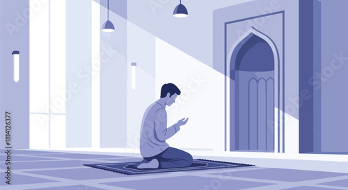 Muslim pilgrim praying inside mosque with soft minimal architecture. Ideal for worship visuals, Islamic education, prayer themes, and spiritual lifestyle designs