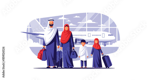 Family preparing for Hajj or Umrah at airport with luggage and passports. Ideal for travel visuals, Islamic family themes, pilgrimage journeys, and spiritual trips