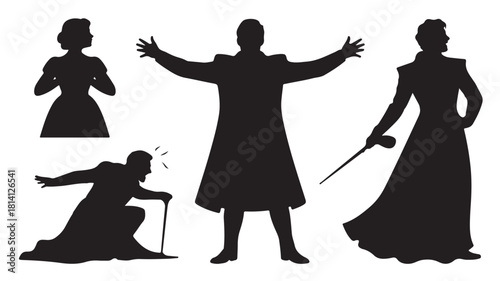 Silhouette illustrations of dramatic characters dark vector art for theater and performance arts isolated on white background
