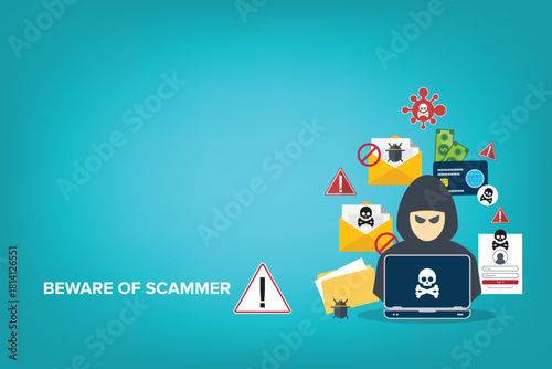 Hacker, scammer in front of his computer committing digital cybercrime. Beware of a scammer concept	