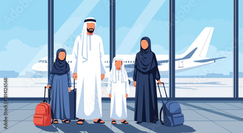 Family preparing for Hajj or Umrah at airport with luggage and passports. Ideal for travel visuals, Islamic family themes, pilgrimage journeys, and spiritual trips