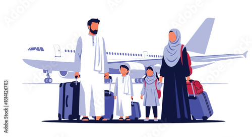 Family preparing for Hajj or Umrah at airport with luggage and passports. Ideal for travel visuals, Islamic family themes, pilgrimage journeys, and spiritual trips