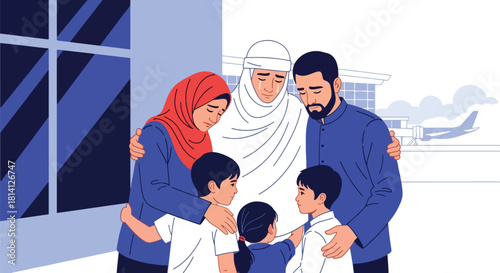 Heartwarming scene of family saying farewell to pilgrim before Hajj journey. Ideal for spiritual travel themes, Islamic family illustrations, and religious storytelling