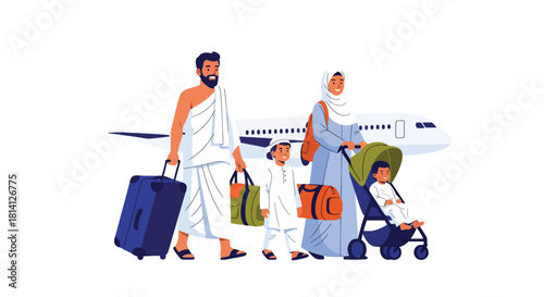 Family preparing for Hajj or Umrah at airport with luggage and passports. Ideal for travel visuals, Islamic family themes, pilgrimage journeys, and spiritual trips