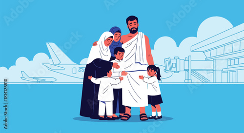 Heartwarming scene of family saying farewell to pilgrim before Hajj journey. Ideal for spiritual travel themes, Islamic family illustrations, and religious storytelling