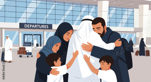 Heartwarming scene of family saying farewell to pilgrim before Hajj journey. Ideal for spiritual travel themes, Islamic family illustrations, and religious storytelling