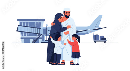 Heartwarming scene of family saying farewell to pilgrim before Hajj journey. Ideal for spiritual travel themes, Islamic family illustrations, and religious storytelling