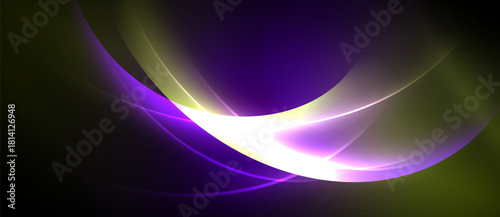 Abstract design features flowing curves, vibrant purple, yellow hues. Light radiates from central point, creating dynamic visual effect.