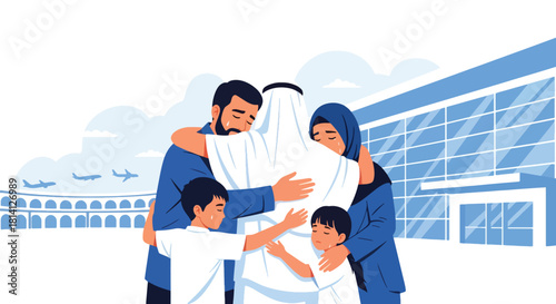 Heartwarming scene of family saying farewell to pilgrim before Hajj journey. Ideal for spiritual travel themes, Islamic family illustrations, and religious storytelling