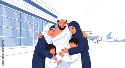 Heartwarming scene of family saying farewell to pilgrim before Hajj journey. Ideal for spiritual travel themes, Islamic family illustrations, and religious storytelling