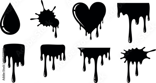 Black ink drops splashes heart shaped and dripping paint vector illustration set
