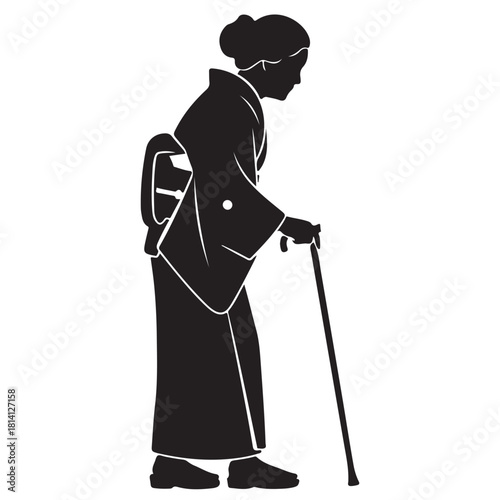 Elderly Japanese Woman Silhouette in Kimono with Walking Stick