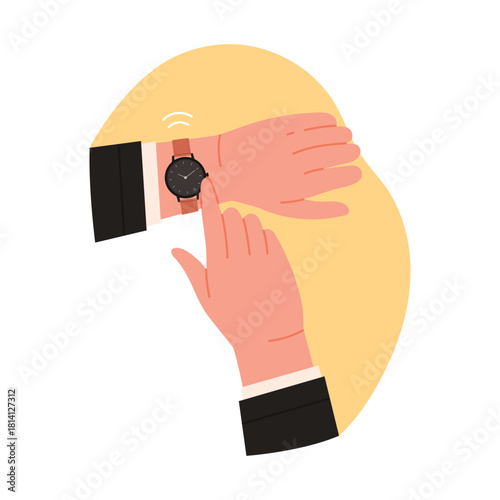 Businessmans fingers pressing button on wristwatch to measure time interval vector illustration