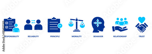 Business ethics icon set vector illustration concept for web and print with an icon of responsibility, reliability, principle, morality, behavior, relationship, and trust