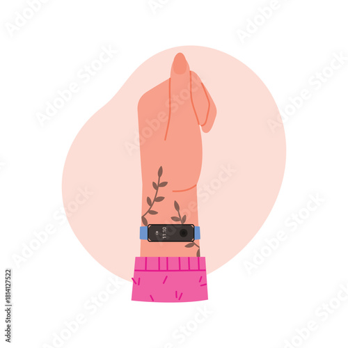 Womans hand with narrow digital smart watch on wrist with floral tattoo vector illustration