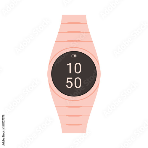 Digital wristwatch with metal pink bracelet, black round screen with time numbers vector illustration