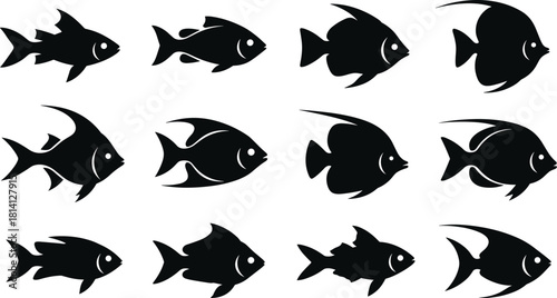 Ocean Fish Silhouette Vector Set, Diverse Tropical and Freshwater Aquatic Creatures, Black Minimalist Icons for Aquarium, Fishing, Seafood, and Marine Life Logos
