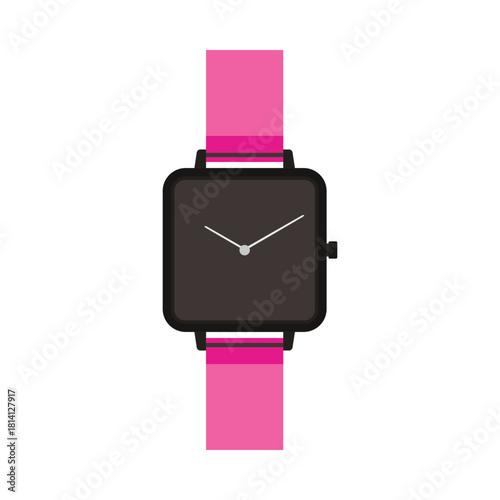 Modern wrist watch with square black dial and hands, pink bright bracelet vector illustration