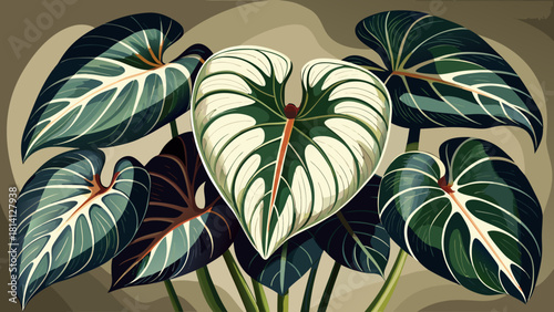 Very beautiful Anthurium clarinervium with dark, heart-shaped leaves featuring striking white veins, showcasing its dramatic tropical foliage as an elegant indoor plant.White background
