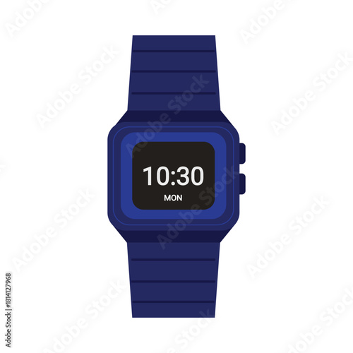 Electronic male blue wrist watch with numbers of time and day of week on screen vector illustration