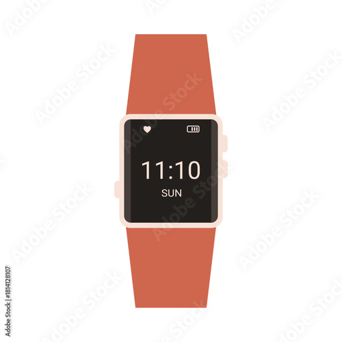 Electronic wristwatch with square black display and brown leather strap vector illustration