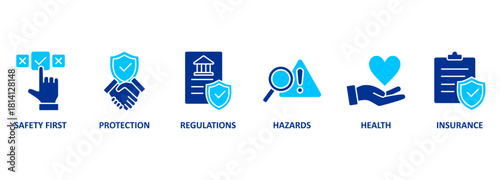 Banner work safety concept, hazards, protections, health and regulations with keywords and icons