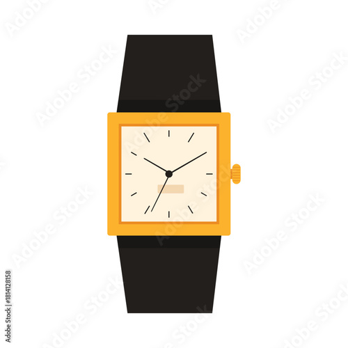 Mechanical wristwatch with square gold dial and black leather bracelet vector illustration