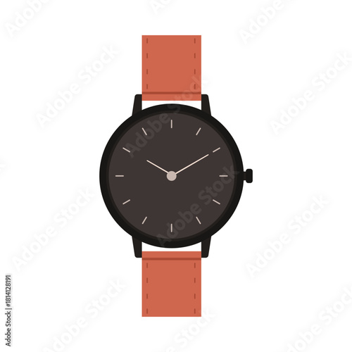 Classic analog wristwatch with round dial and brown leather strap vector illustration