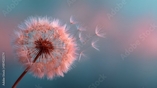 Delicate, artistic macro photograph of a dandelion seed head with some seeds flying away against a dreamy, soft-focus pastel gradient background. © horizon