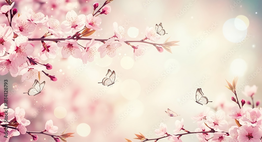 Obraz premium Delicate Pink Cherry Blossoms and Butterflies Springtime Floral Background Art