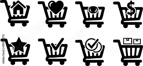 Shopping cart icons set with various symbols like heart dollar check mark star and boxes vector illustration