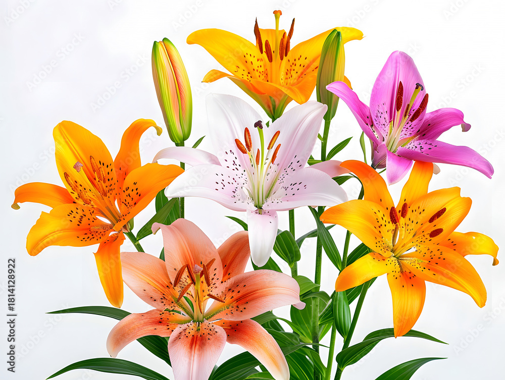 Obraz premium Mixed bouquet of orange, pink, and white lilies with lush green leaves on light background