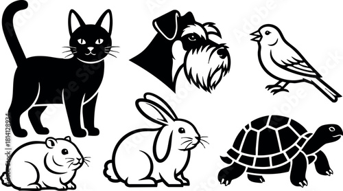Black cat dog bird rabbit hamster turtle animal silhouettes vector illustration