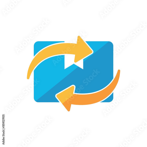 Arrows rotating around a square shape in a blue and orange graphic illustration
