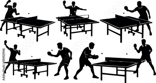 Table tennis players silhouettes in different action poses playing ping pong sport vector illustration