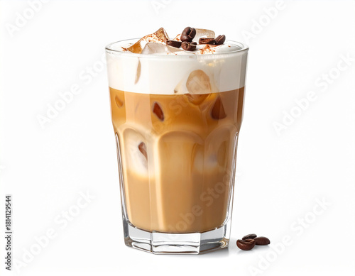 A glass of iced cappuccino isolated on a white background