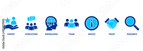 Expertise icon set with the words "expert, consulting, knowledge, team, advice, trust and research 