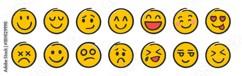 Hand drawn doodle emoticon set with various expressions. Funny cartoon faces in chalk or marker sketch style. Cute feedback emoji icons on transparent background.
