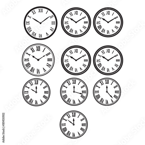 Black silhouette clocks with roman numerals and varied time positions for visual time exercises