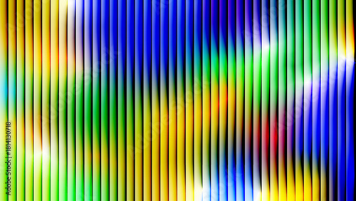 Abstract background of vibrant multicolored light shining through vertical blinds.