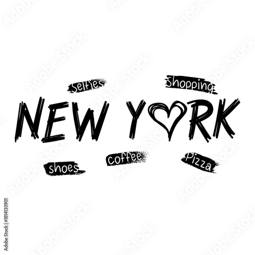 Hand-drawn New York typography design with a heart symbol and doodle words like selfies, shopping, coffee, shoes, and pizza. Trendy black brush style ideal for posters, apparel, and travel graphics.