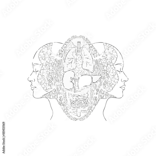 Two human profiles connected by intricate lace-like neural structure containing hidden organ shapes, elegant line-art vector on white symbolizing invisible connection between donor and recipient