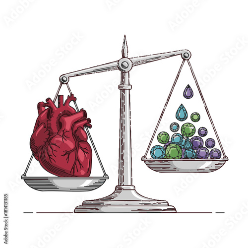 Medical balance scales with heart outweighing precious droplet-gems symbolizing donor organ scarcity, minimal flat vector illustration on white conveying tension, need and hope in transplantation