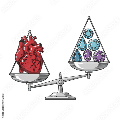 Medical balance scales with heart outweighing precious droplet-gems symbolizing donor organ scarcity, minimal flat vector illustration on white conveying tension, need and hope in transplantation