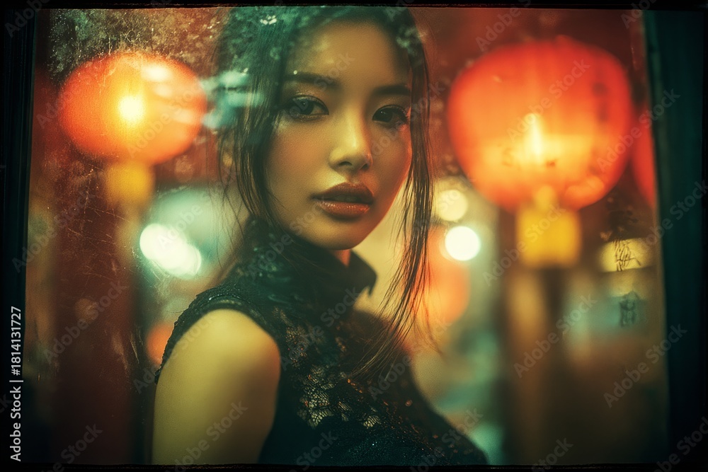 Fototapeta premium Woman in traditional black dress looking through wet window with red lanterns and neon lights in background. Studio portrait photography. Asian festival and night celebration concept. 