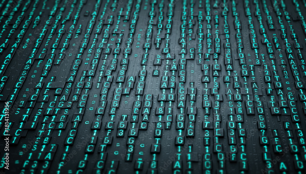 Fototapeta premium Glowing cyan alphanumeric characters flow down a dark, textured grid, symbolizing digital data, computing, and complex technology structures.
