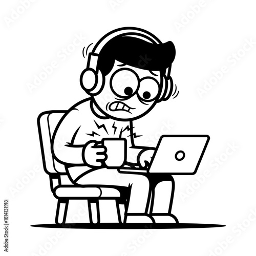 Cartoon man with headphones holding steaming mug and using laptop looking stressed