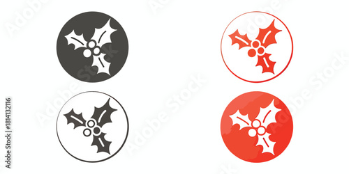 Holly Leaves and Berries Icon Set | Circular Buttons and Badges in Multiple Color Styles