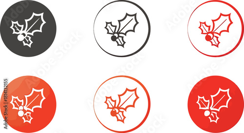 Holly Leaves and Berries Icon Set | Circular Buttons and Badges in Multiple Color Styles
